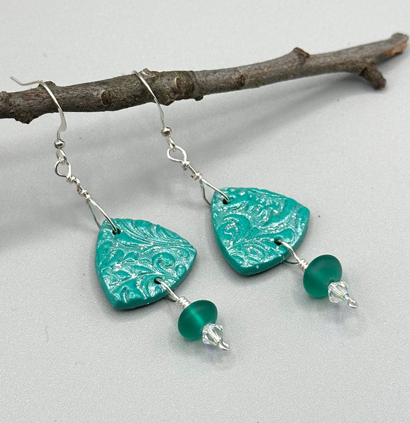 Coastal Scroll Clay Earrings with Sea Glass Beads