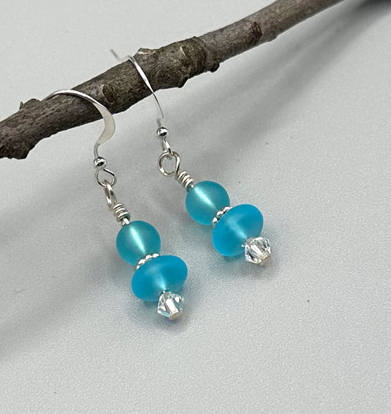 Sterling silver, aqua sea glass with Swarovski crystal earrings