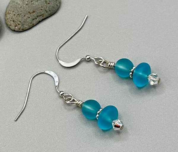 Sterling silver, aqua sea glass with Swarovski crystal earrings