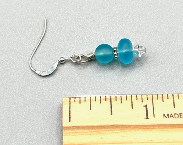 Sterling silver, aqua sea glass with Swarovski crystal earrings