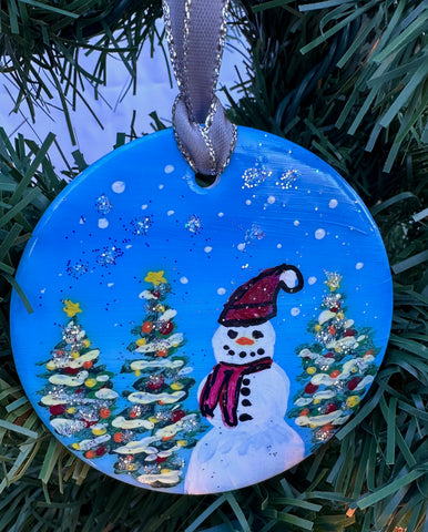 Hand painted ornaments - Snowman and sparkly trees