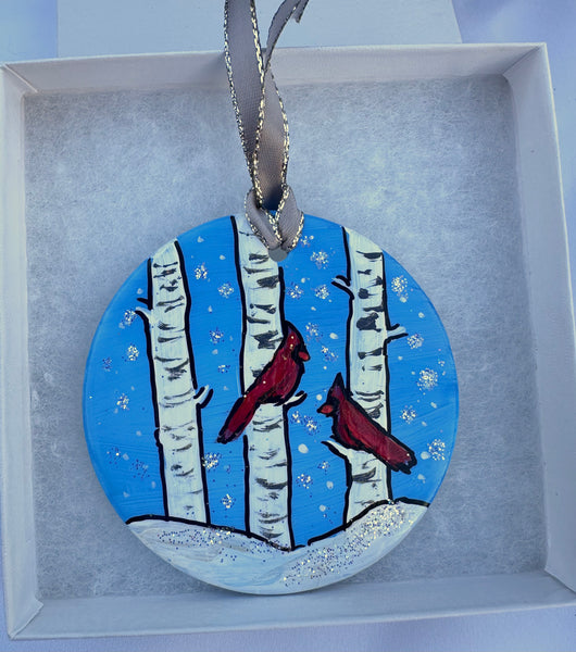 Hand painted ornaments - Cardinals and birch trees with blue sky
