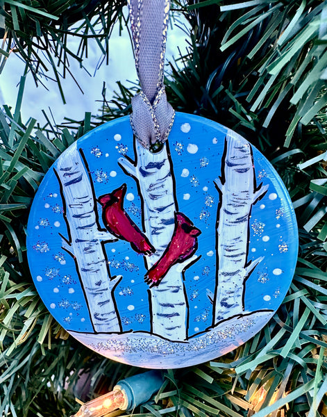 Hand painted ornaments - Cardinals and birch trees with blue sky