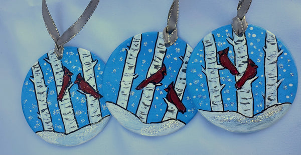 Hand painted ornaments - Cardinals and birch trees with blue sky