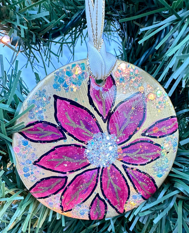 Hand painted ornaments - Gold sparkly poinsettia