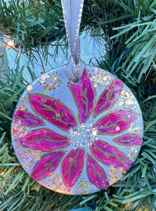 Hand painted ornaments - Silver sparkly poinsettia