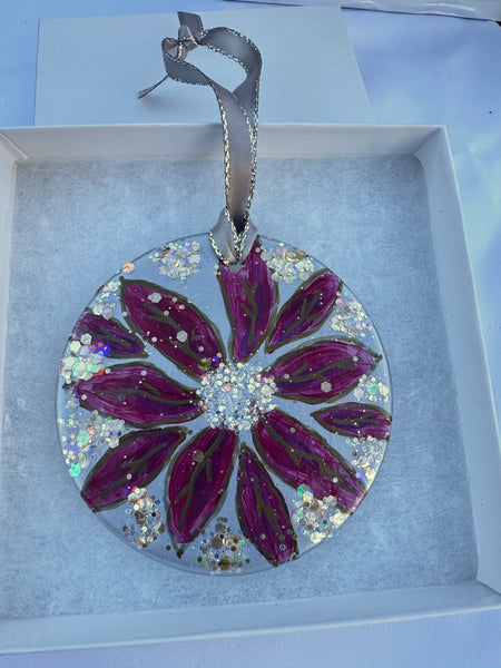 Hand painted ornaments - Silver sparkly poinsettia