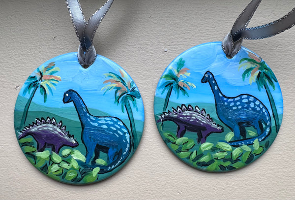 Hand painted ornaments - Dinosaurs in mountain scene