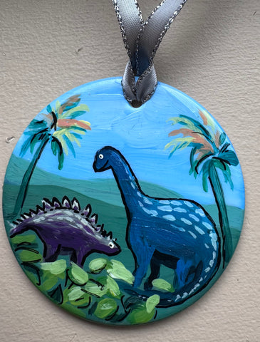 Hand painted ornaments - Dinosaurs in mountain scene