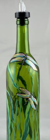 Hand painted dragonfly green glass bottle