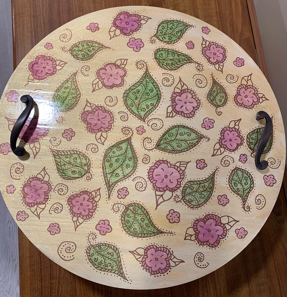 Boho flowers and leaves, hand painted round serving, or charcuterie tray