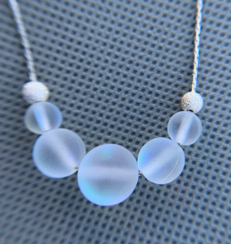 Mermaid glass, glowing  iridescent necklace-frosted white