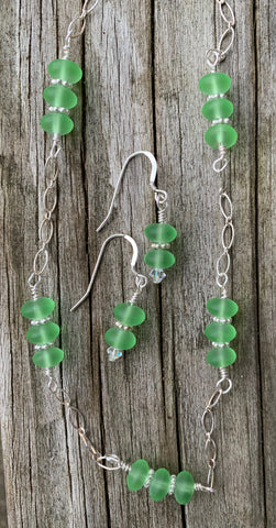 Sterling silver sea glass necklace or earrings-green