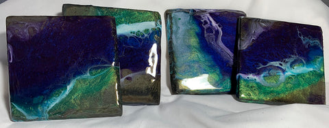 Purple, blue and green peacock colored slate coasters