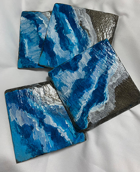 Ocean slate coasters, hand painted with an ocean scene