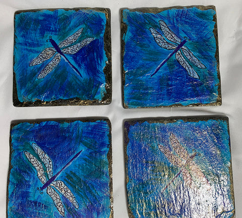 Dragonfly slate coasters, blue,  purple hand painted with a  dragonflies