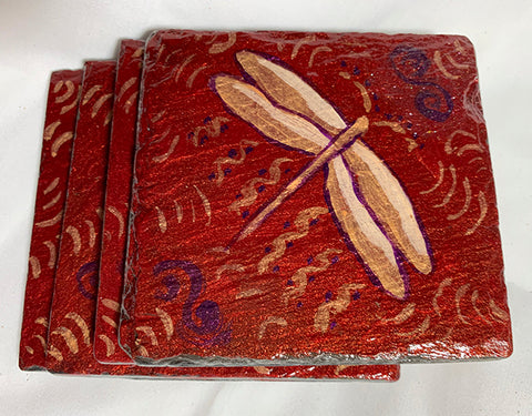 Dragonfly slate coasters, burgundy, hand painted with dragonfly