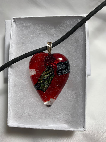 Fused dichroic glass heart pendent-red with iridescent multicolored stripe