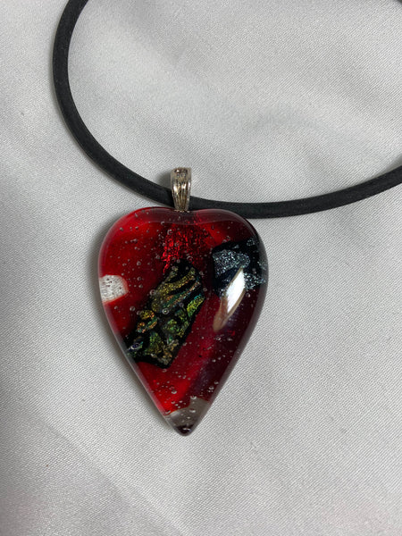 Fused dichroic glass heart pendent-red with iridescent multicolored stripe