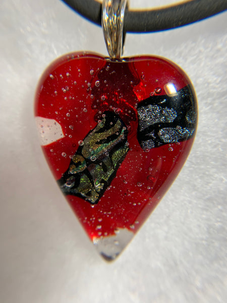 Fused dichroic glass heart pendent-red with iridescent multicolored stripe