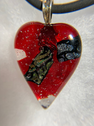 Fused dichroic glass heart pendent-red with iridescent multicolored stripe