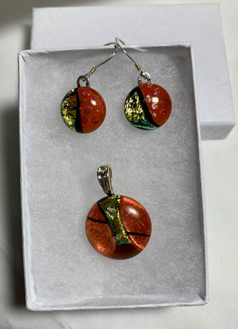 Fused dichroic glass pendent-bronze earring and pendant set