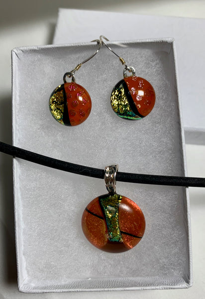 Fused dichroic glass pendent-bronze earring and pendant set