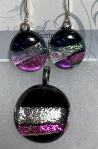 Fused dichroic glass pendent-navy-pink earring and pendant set