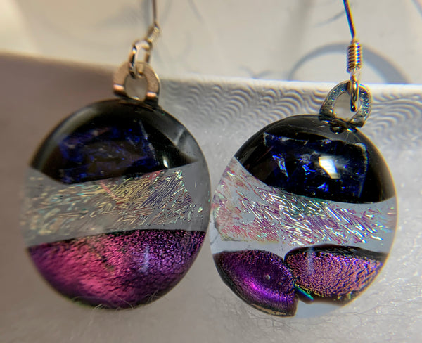 Fused dichroic glass pendent-navy-pink earring and pendant set