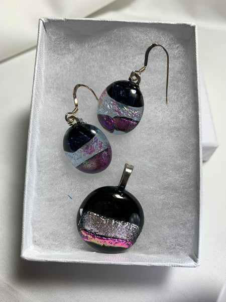 Fused dichroic glass pendent-navy-pink earring and pendant set