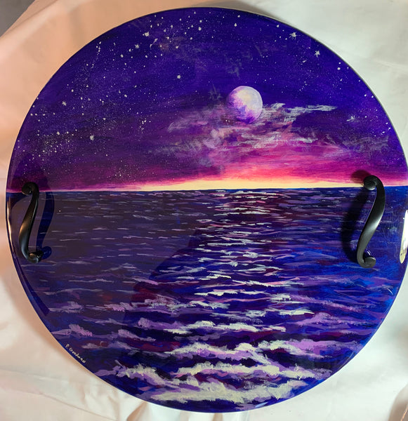 Moon and ocean night scene round serving or charcuterie tray