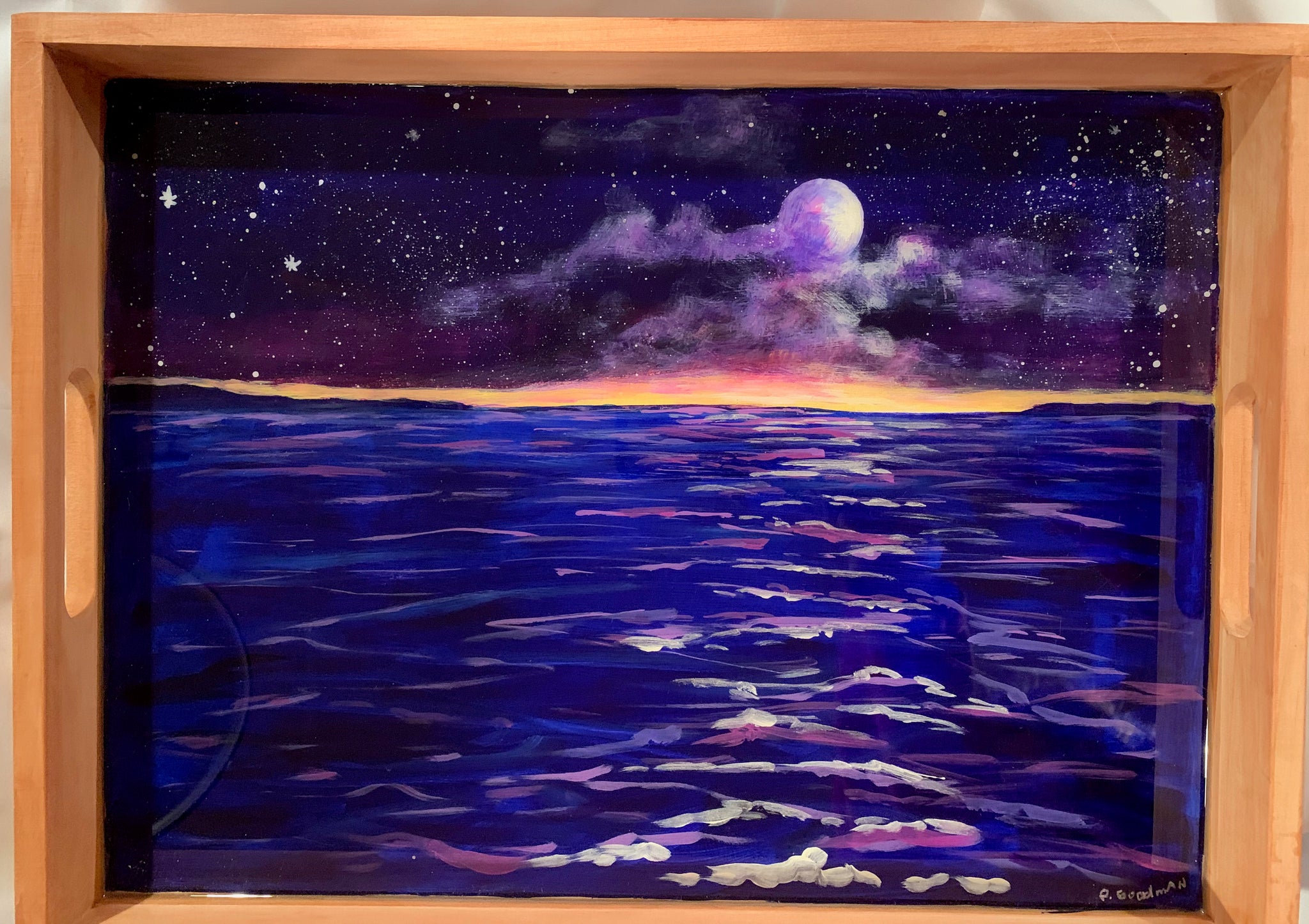Moon and ocean night scene serving or charcuterie tray