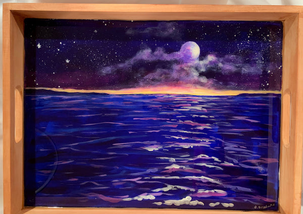 Moon and ocean night scene serving or charcuterie tray