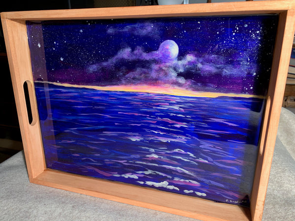 Moon and ocean night scene serving or charcuterie tray