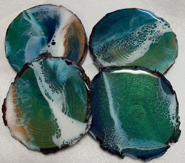 Ocean wave blue and teal, sparkly resin, bark edge, wood coasters