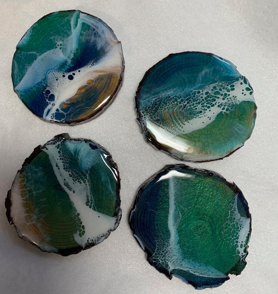 Ocean wave blue and teal, sparkly resin, bark edge, wood coasters