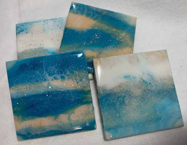 Ocean wave blue, sand and white, sparkly resin, ceramic coasters