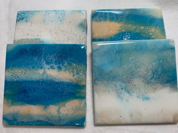 Ocean wave blue, sand and white, sparkly resin, ceramic coasters
