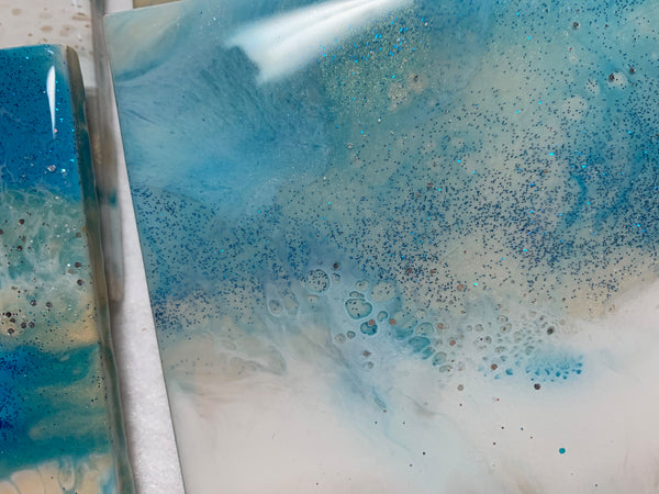 Ocean wave blue, sand and white, sparkly resin, ceramic coasters
