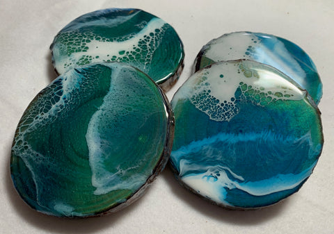 Ocean wave blue and teal, sparkly resin, bark edge, wood coasters