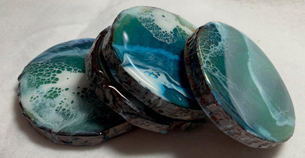 Ocean wave blue and teal, sparkly resin, bark edge, wood coasters