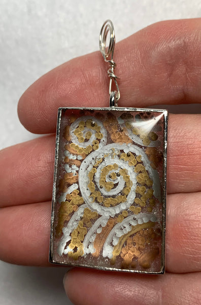 Resin pendent-bronze silver swirl rectangle