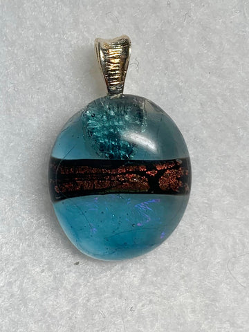 Fused dichroic glass pendent-aqua bronze stripe