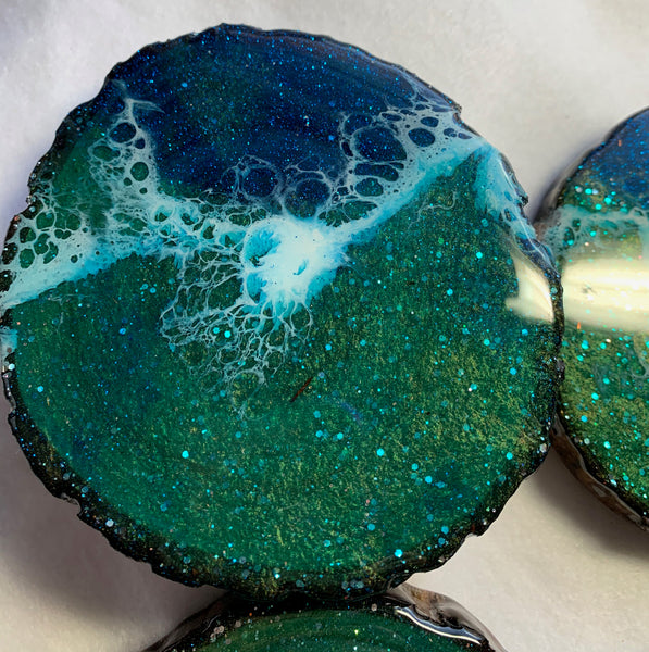 Blue green, sparkly resin, bark edge, wood coasters