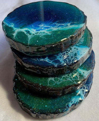 Blue green, sparkly resin, bark edge, wood coasters