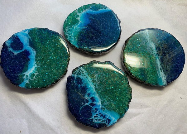 Blue green, sparkly resin, bark edge, wood coasters