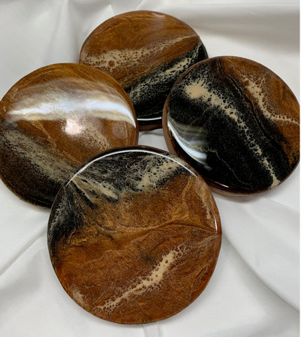 Bronze and black sparkly resin and wood coasters