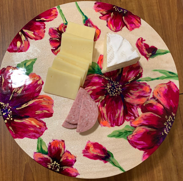 Small round lazy Susan, hand painted bold magenta flowers - 12 inch