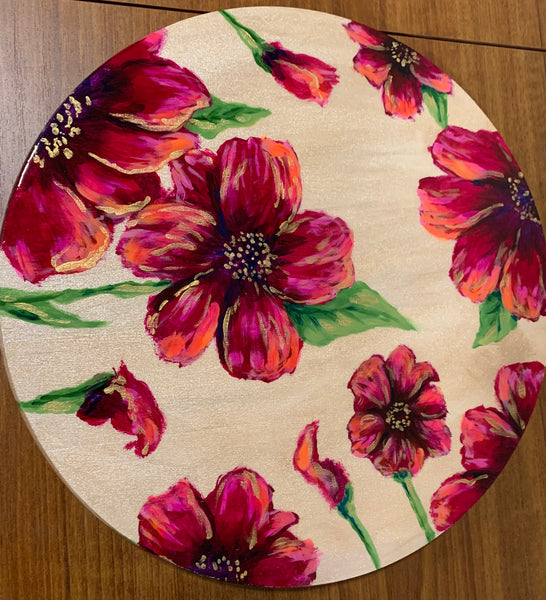 Small round lazy Susan, hand painted bold magenta flowers - 12 inch