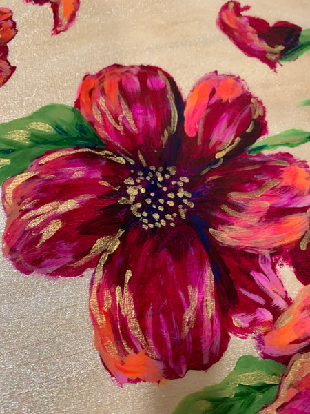 Small round lazy Susan, hand painted bold magenta flowers - 12 inch